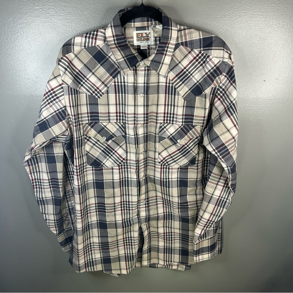 Ely Cattleman Pearl Snap Plaid Grey Western Cowboy Long Sleeve Shirt Size Medium